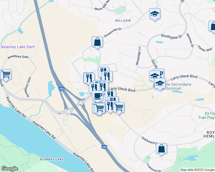 map of restaurants, bars, coffee shops, grocery stores, and more near 620 Nine Mile Drive in Bedford