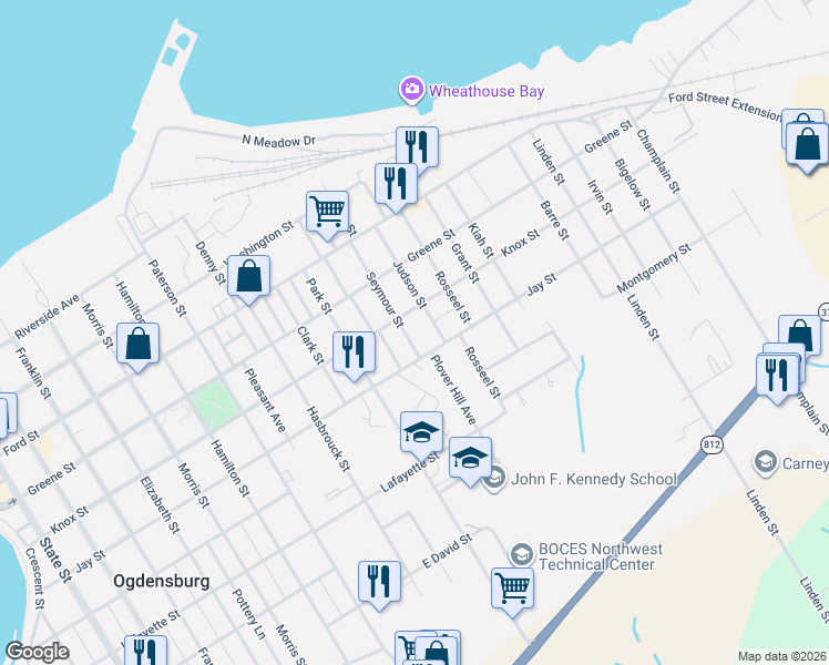 map of restaurants, bars, coffee shops, grocery stores, and more near 1401 Knox St in Ogdensburg