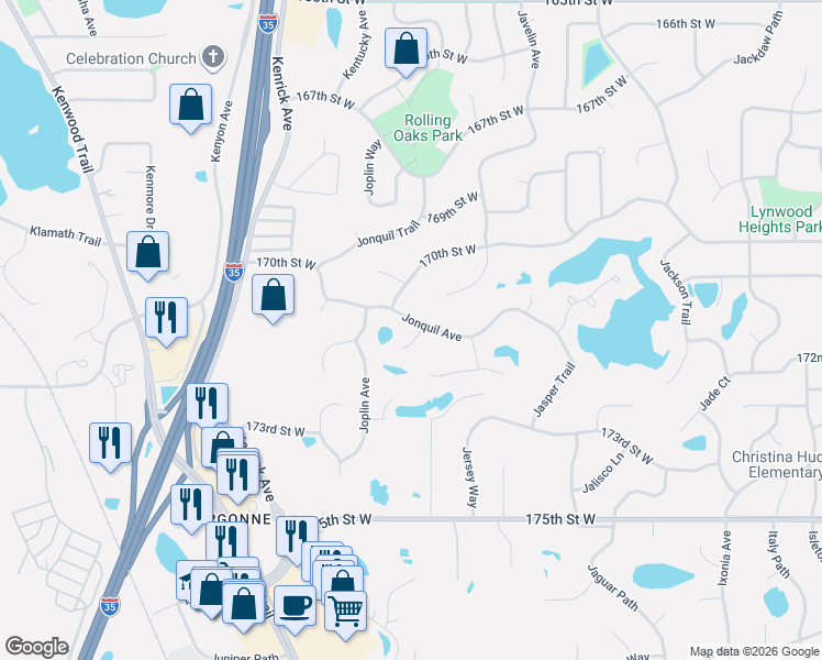 map of restaurants, bars, coffee shops, grocery stores, and more near 17120 Jonquil Avenue in Lakeville