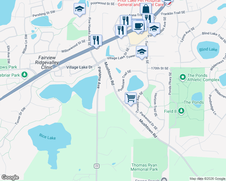 map of restaurants, bars, coffee shops, grocery stores, and more near 17121 Mushtown Road in Prior Lake