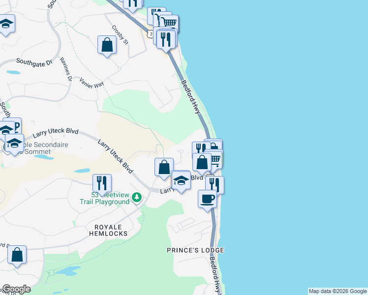 map of restaurants, bars, coffee shops, grocery stores, and more near 94 Bedros Lane in Halifax