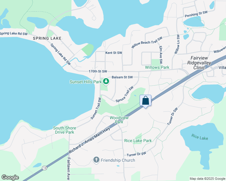map of restaurants, bars, coffee shops, grocery stores, and more near 3205 Balsam Street Southwest in Prior Lake
