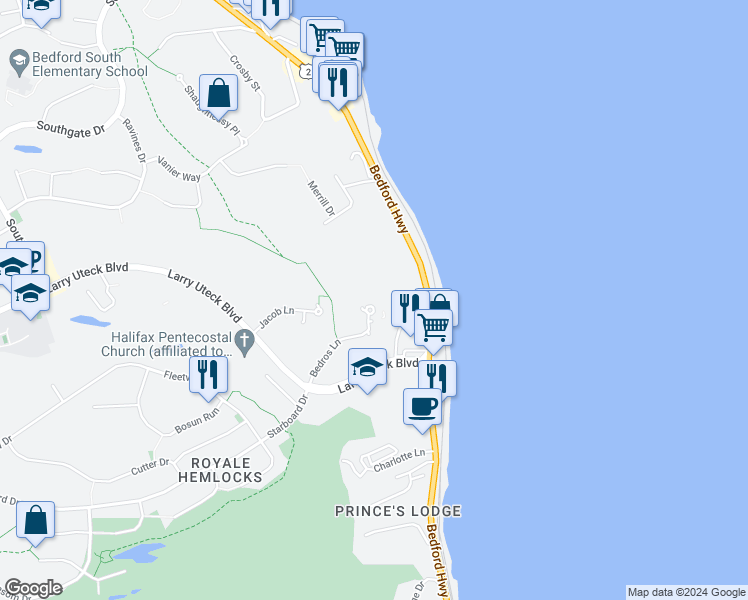 map of restaurants, bars, coffee shops, grocery stores, and more near 94 Bedros Lane in Halifax