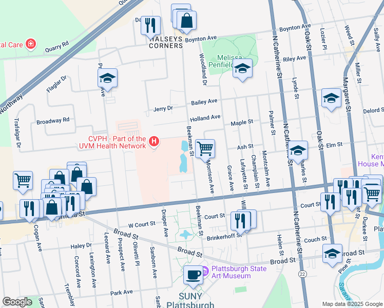 map of restaurants, bars, coffee shops, grocery stores, and more near Beekman Street in Plattsburgh