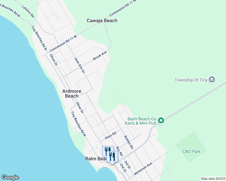 map of restaurants, bars, coffee shops, grocery stores, and more near 77 Forest Road in Simcoe County