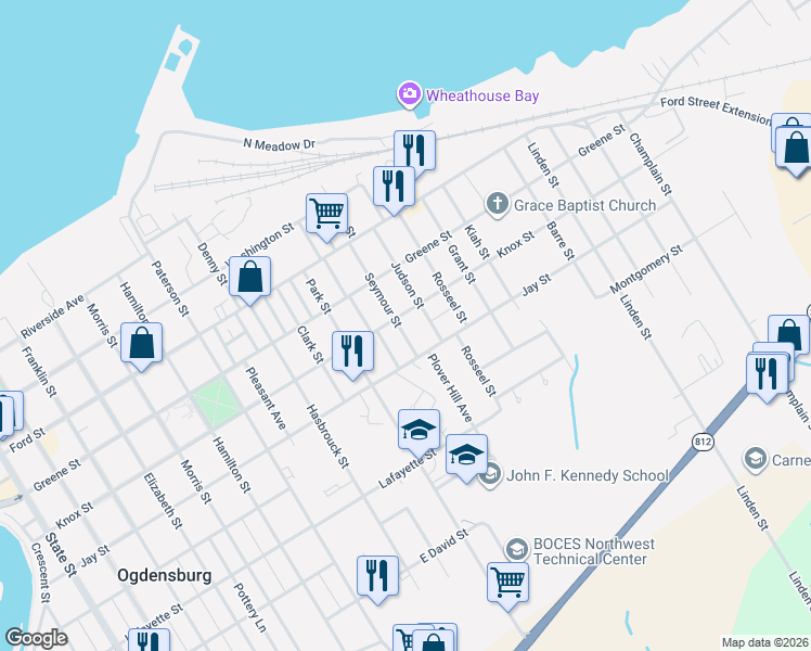 map of restaurants, bars, coffee shops, grocery stores, and more near 1401 Knox St in Ogdensburg