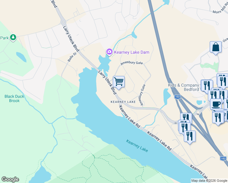 map of restaurants, bars, coffee shops, grocery stores, and more near 1177 Larry Uteck Boulevard in Bedford