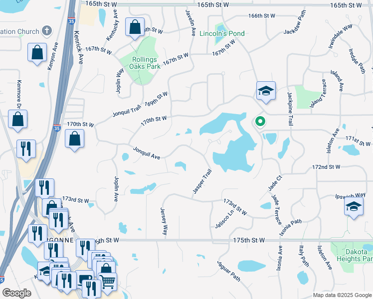 map of restaurants, bars, coffee shops, grocery stores, and more near 17143 Jonquil Avenue in Lakeville