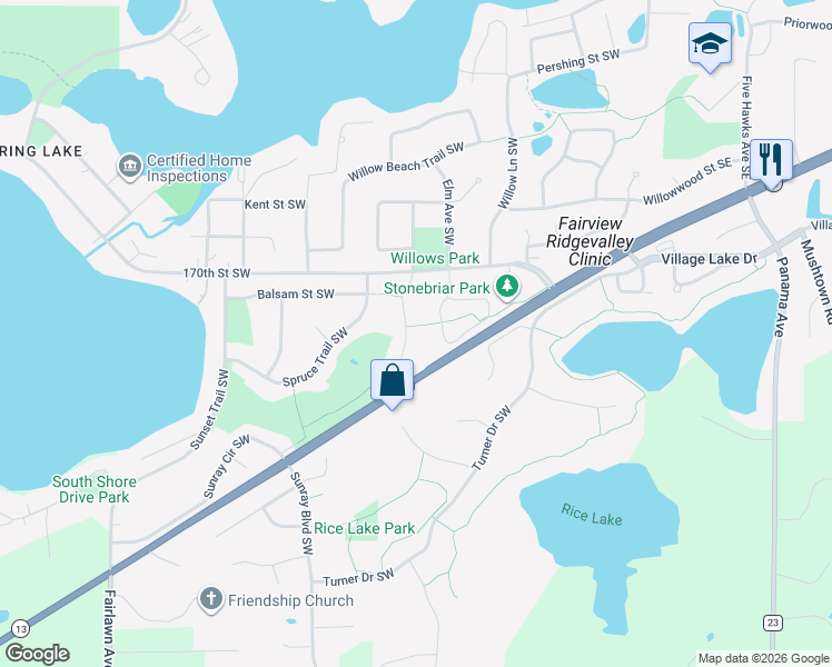 map of restaurants, bars, coffee shops, grocery stores, and more near 17103 Pheasant Meadow Lane Southwest in Prior Lake