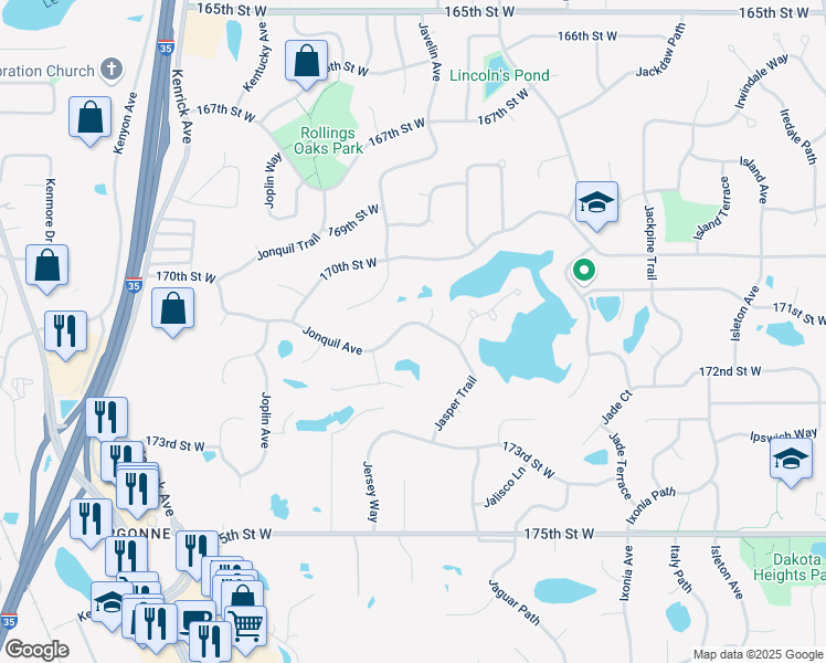 map of restaurants, bars, coffee shops, grocery stores, and more near 17143 Jonquil Avenue in Lakeville