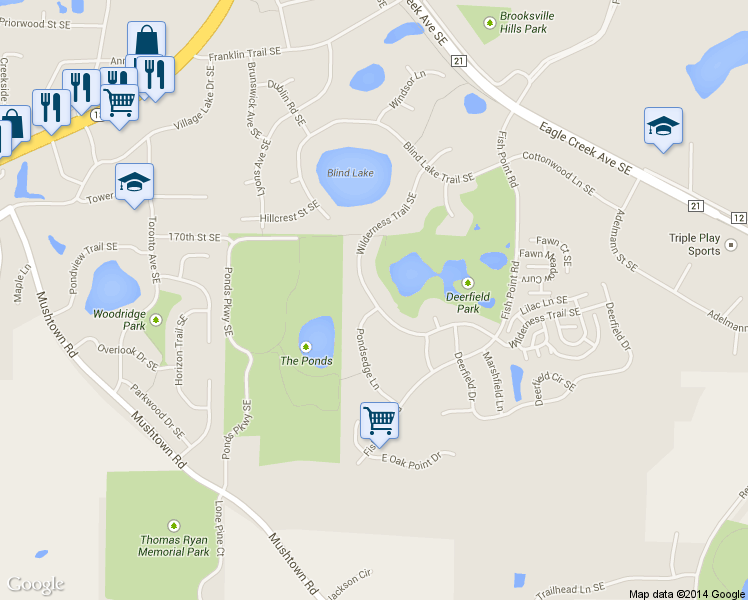 map of restaurants, bars, coffee shops, grocery stores, and more near 14167 Parkview Lane Northwest in Prior Lake