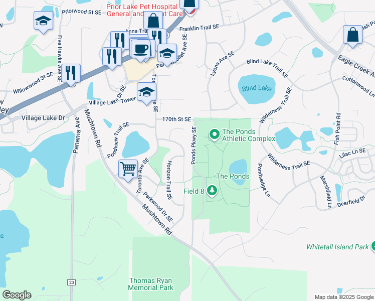 map of restaurants, bars, coffee shops, grocery stores, and more near 17211 Woodview Court Southeast in Prior Lake