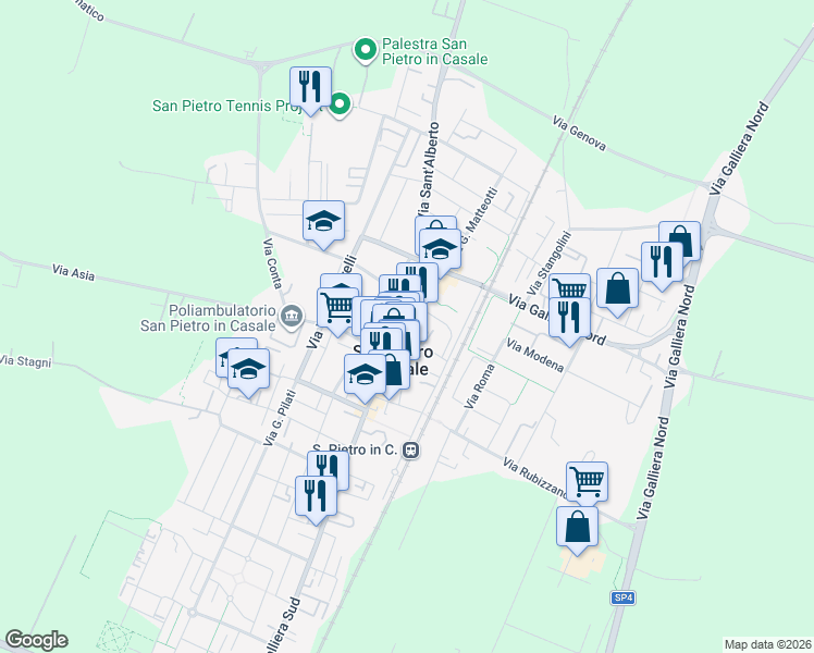 map of restaurants, bars, coffee shops, grocery stores, and more near 148 Via Giacomo Matteotti in San Pietro In Casale