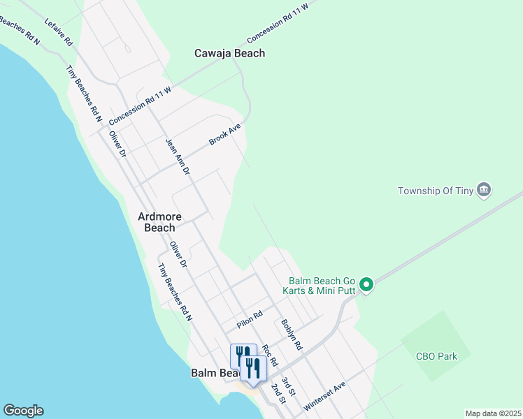 map of restaurants, bars, coffee shops, grocery stores, and more near 77 Forest Road in Simcoe County