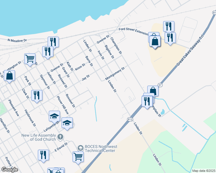 map of restaurants, bars, coffee shops, grocery stores, and more near 723 Linden St in Ogdensburg