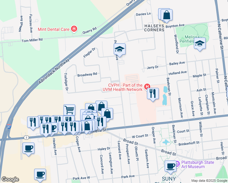 map of restaurants, bars, coffee shops, grocery stores, and more near 14 Crescent Drive in Plattsburgh