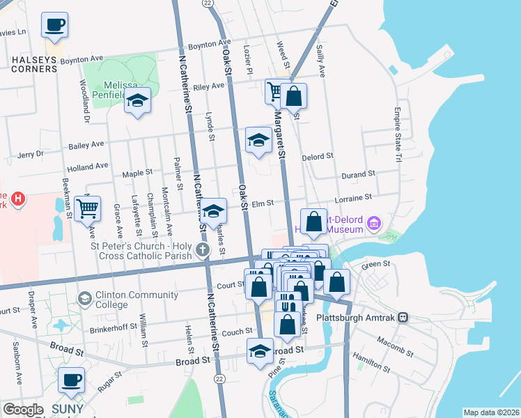 map of restaurants, bars, coffee shops, grocery stores, and more near 27 Elm St in Plattsburgh