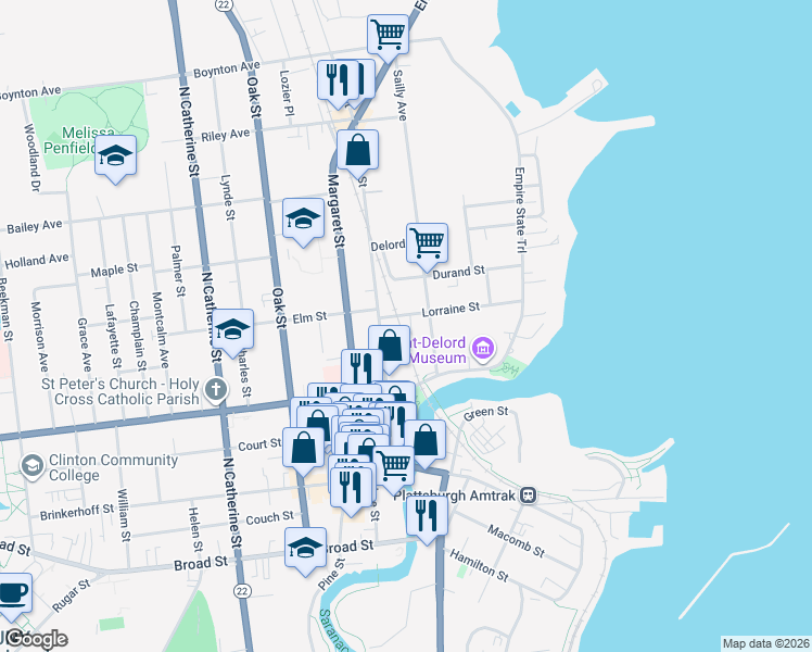 map of restaurants, bars, coffee shops, grocery stores, and more near 6 Lorraine Street in Plattsburgh