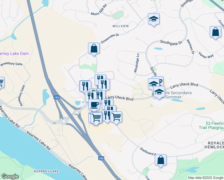 map of restaurants, bars, coffee shops, grocery stores, and more near 620 Nine Mile Drive in Bedford