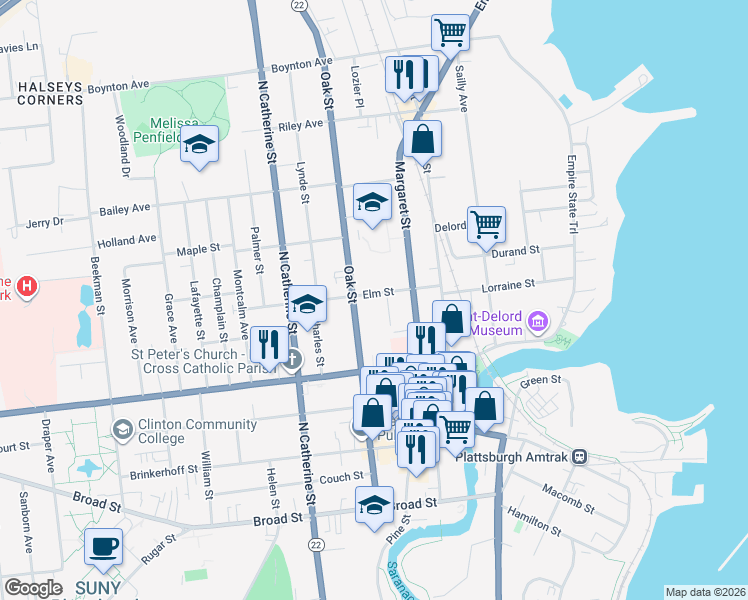 map of restaurants, bars, coffee shops, grocery stores, and more near 27 Elm St in Plattsburgh