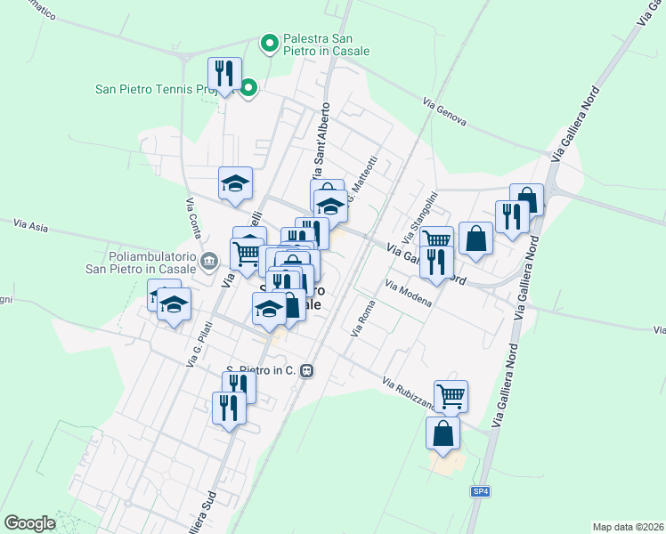 map of restaurants, bars, coffee shops, grocery stores, and more near 15 Via Filippo Corridoni in San Pietro In Casale