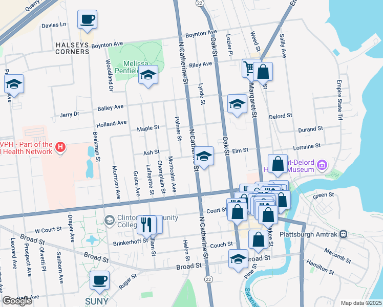 map of restaurants, bars, coffee shops, grocery stores, and more near 5209 North Catherine Street in Plattsburgh