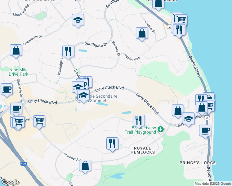 map of restaurants, bars, coffee shops, grocery stores, and more near 390 Larry Uteck Boulevard in Halifax