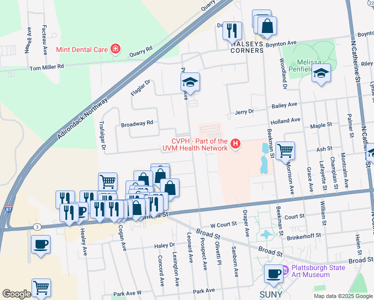 map of restaurants, bars, coffee shops, grocery stores, and more near 14 Crescent Dr in Plattsburgh