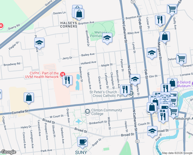 map of restaurants, bars, coffee shops, grocery stores, and more near 31 Grace Avenue in Plattsburgh