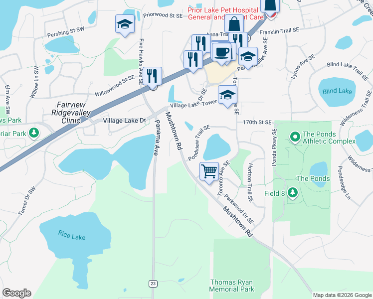 map of restaurants, bars, coffee shops, grocery stores, and more near 17121 Mushtown Road in Prior Lake