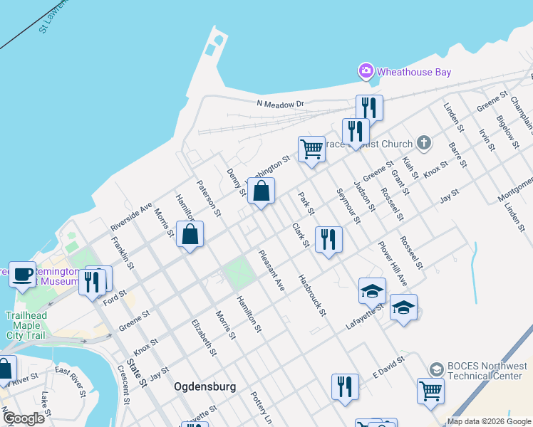 map of restaurants, bars, coffee shops, grocery stores, and more near 942 Ford Street in Ogdensburg