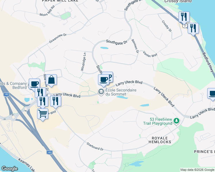 map of restaurants, bars, coffee shops, grocery stores, and more near 540 Southgate Drive in Bedford