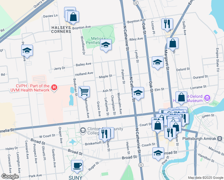 map of restaurants, bars, coffee shops, grocery stores, and more near 12 Ash Street in Plattsburgh