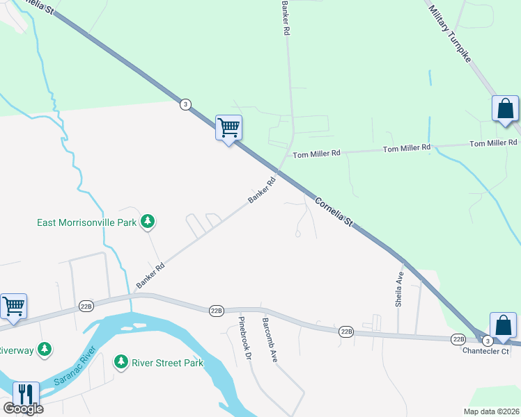 map of restaurants, bars, coffee shops, grocery stores, and more near 96 Banker Road in Morrisonville