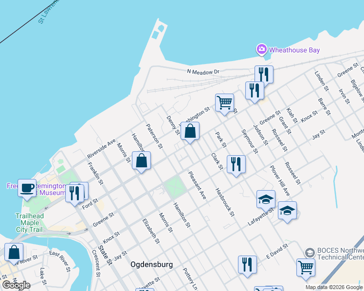 map of restaurants, bars, coffee shops, grocery stores, and more near 942 Ford Street in Ogdensburg