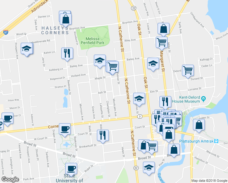 map of restaurants, bars, coffee shops, grocery stores, and more near 72A Montcalm Avenue in Plattsburgh