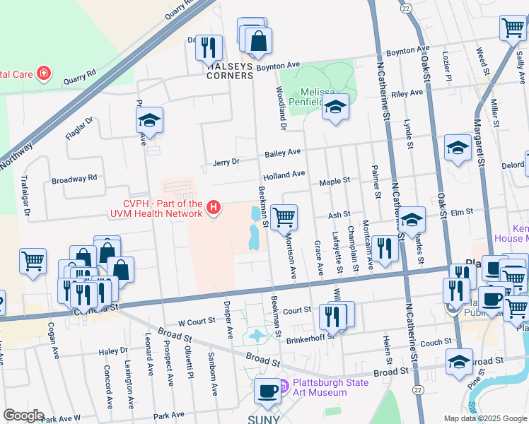 map of restaurants, bars, coffee shops, grocery stores, and more near Beekman Street in Plattsburgh
