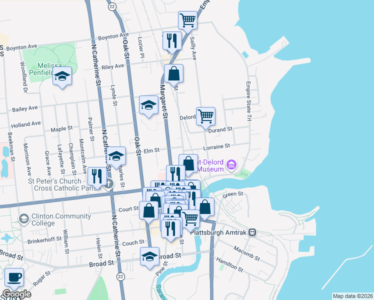 map of restaurants, bars, coffee shops, grocery stores, and more near 1 Lorraine Street in Plattsburgh