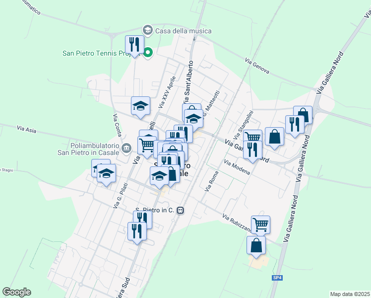 map of restaurants, bars, coffee shops, grocery stores, and more near 148 Via Giacomo Matteotti in San Pietro In Casale