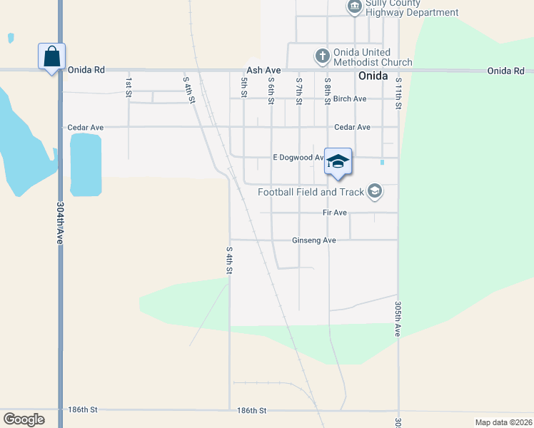 map of restaurants, bars, coffee shops, grocery stores, and more near 601 South 6th Street in Onida
