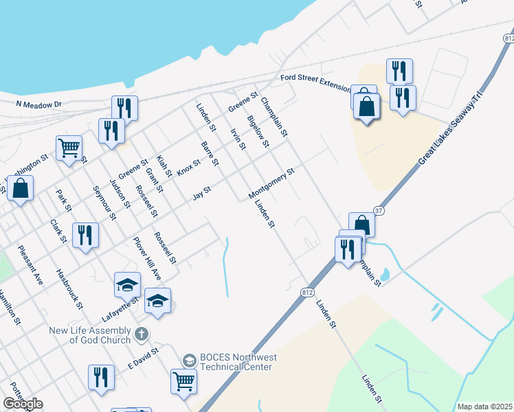 map of restaurants, bars, coffee shops, grocery stores, and more near 723 Linden Street in Ogdensburg