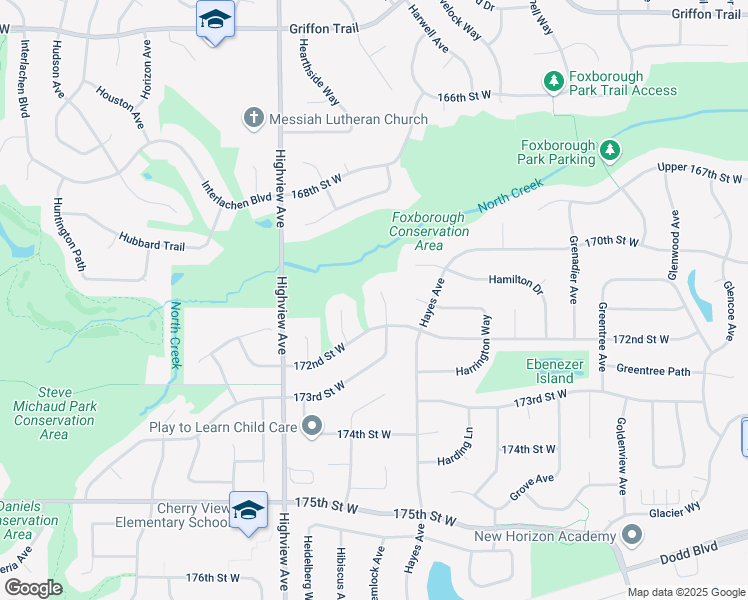 map of restaurants, bars, coffee shops, grocery stores, and more near 17125 Hemlock Court in Lakeville