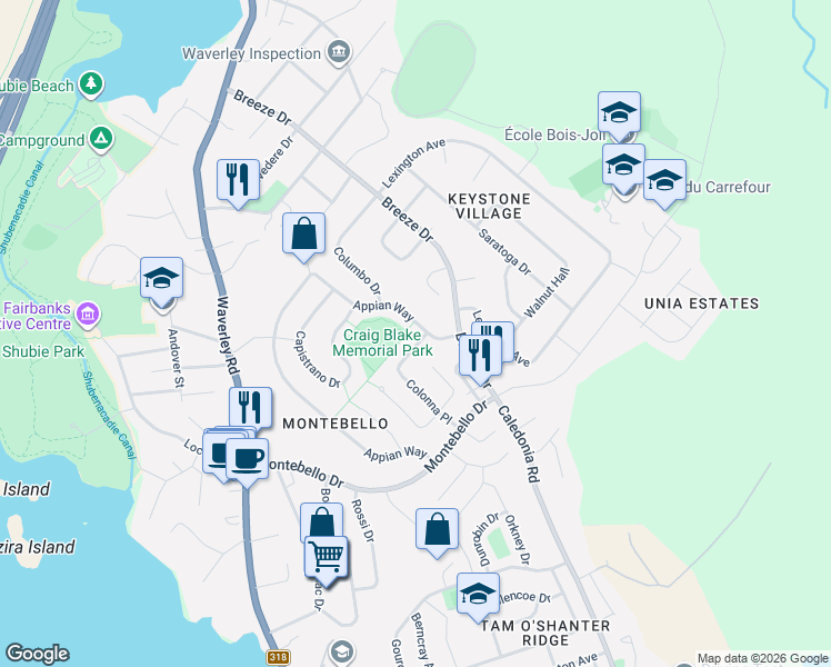 map of restaurants, bars, coffee shops, grocery stores, and more near 65 Colonna Place in Dartmouth
