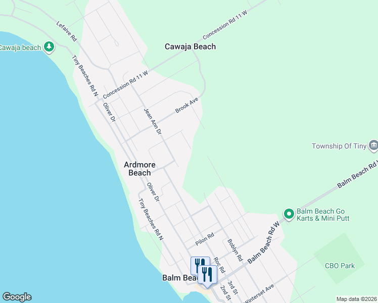 map of restaurants, bars, coffee shops, grocery stores, and more near 6 Ridout Court in Simcoe County