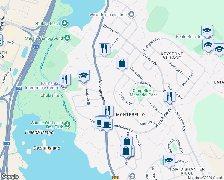 map of restaurants, bars, coffee shops, grocery stores, and more near 65 Appian Way in Dartmouth