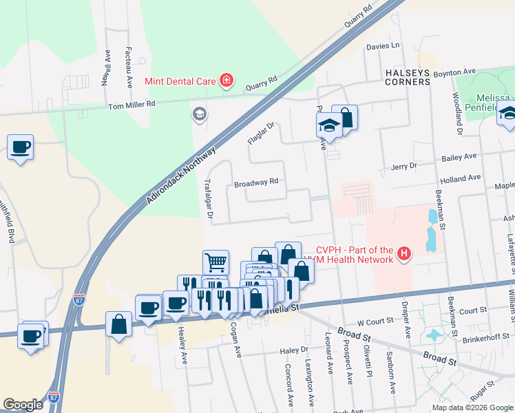 map of restaurants, bars, coffee shops, grocery stores, and more near 14 Trafalgar Dr in Plattsburgh