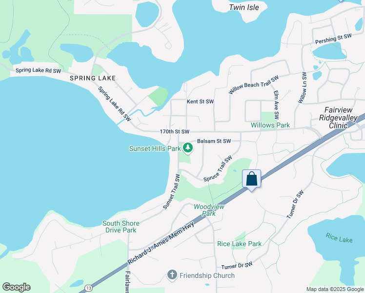 map of restaurants, bars, coffee shops, grocery stores, and more near 3205 Balsam Street Southwest in Prior Lake