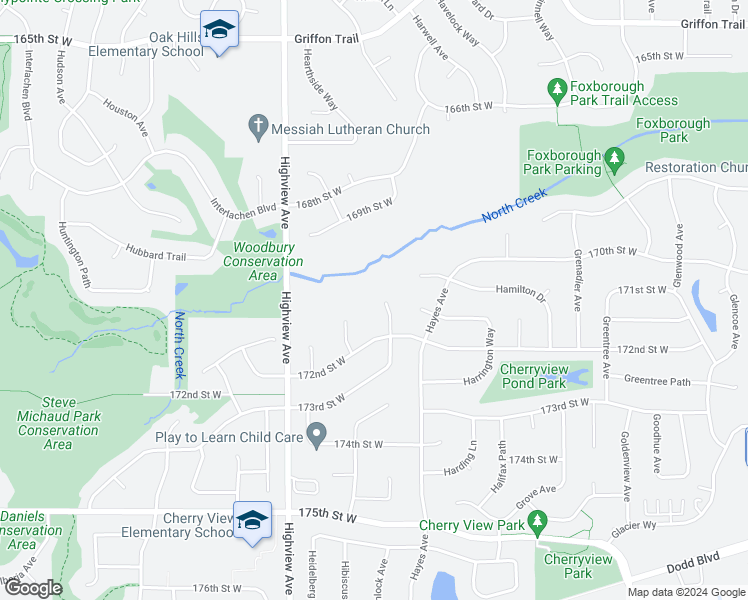 map of restaurants, bars, coffee shops, grocery stores, and more near 17115 Hemlock Court in Lakeville