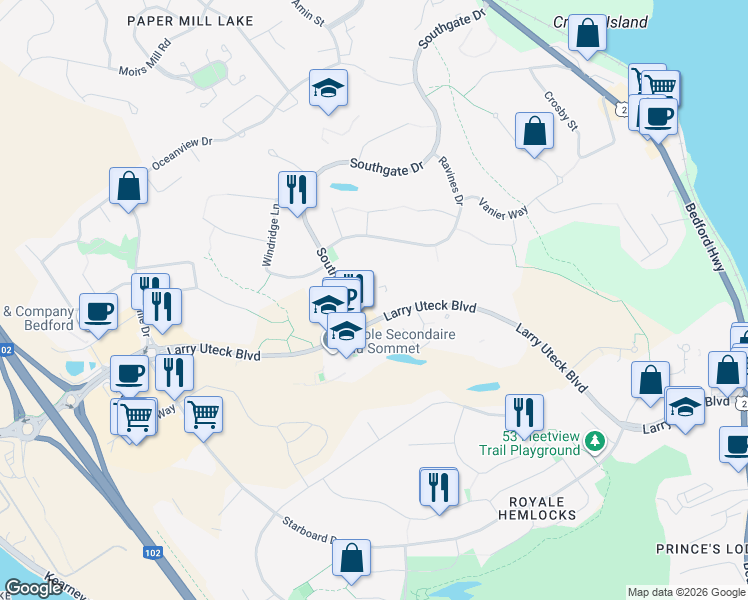 map of restaurants, bars, coffee shops, grocery stores, and more near 461 Larry Uteck Boulevard in Bedford