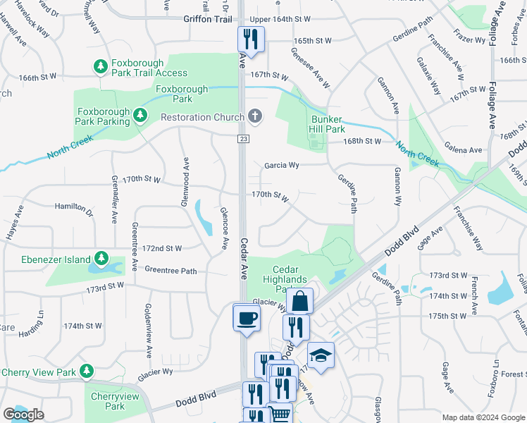 map of restaurants, bars, coffee shops, grocery stores, and more near 7438 170th Court West in Rosemount